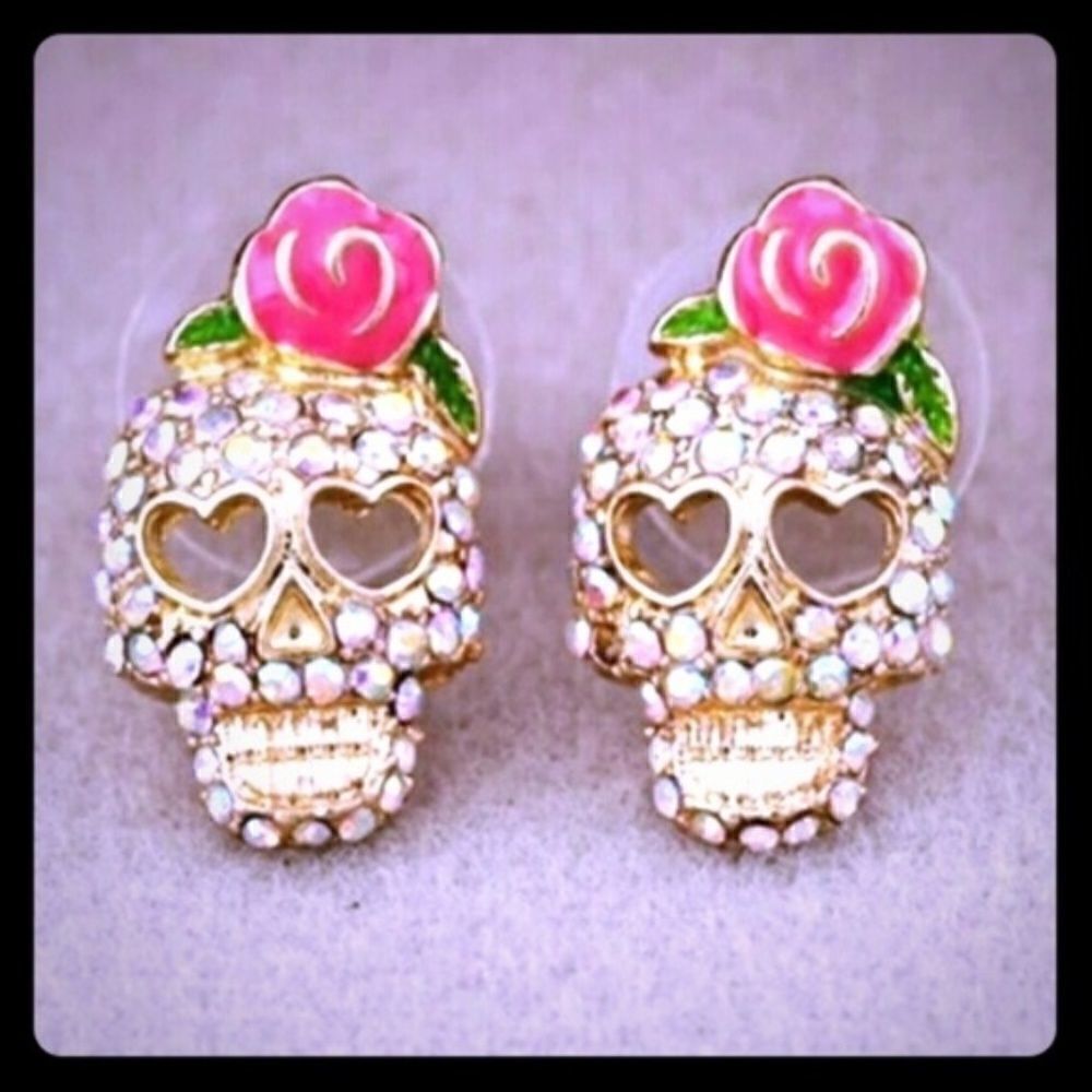 Cute Rose Rhinestone Sugar Skull Earrings - Picture 1 of 3